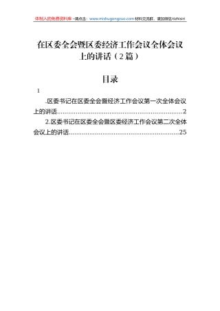 在区委全会暨区委经济工作会议全体会议上的讲话（2篇）