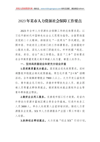 2023年某市人力资源社会保障工作要点