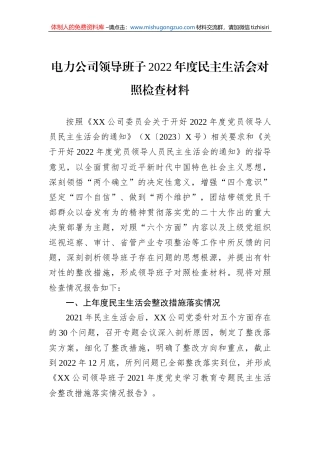 电力公司领导班子2022年度民主生活会对照检查材料