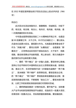 在2022年度区委常委会班子民生生活会上的点评讲话