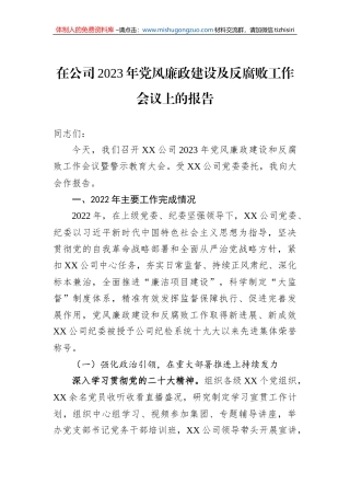 在公司2023年党风廉政建设及反腐败工作会议上的报告
