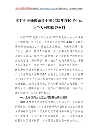 国有企业处级领导干部2022年度民主生活会个人对照检查材料