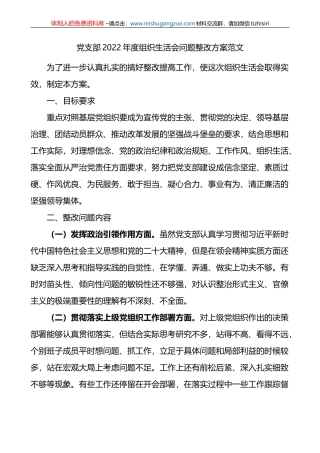 党支部2022年度组织生活会问题整改工作方案