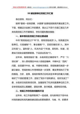 XX被巡察单位党组工作汇报