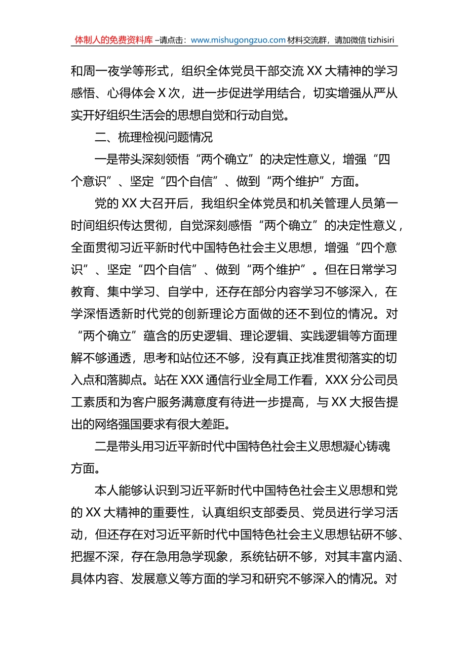 XX通信国企领导班子2022年度组织生活会个人对照检视材料_第2页