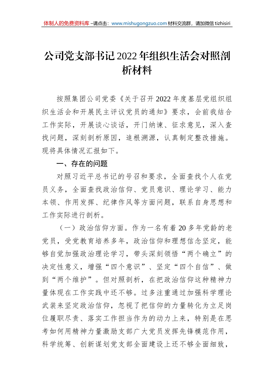 公司党支部书记2022年组织生活会对照剖析材料_第1页
