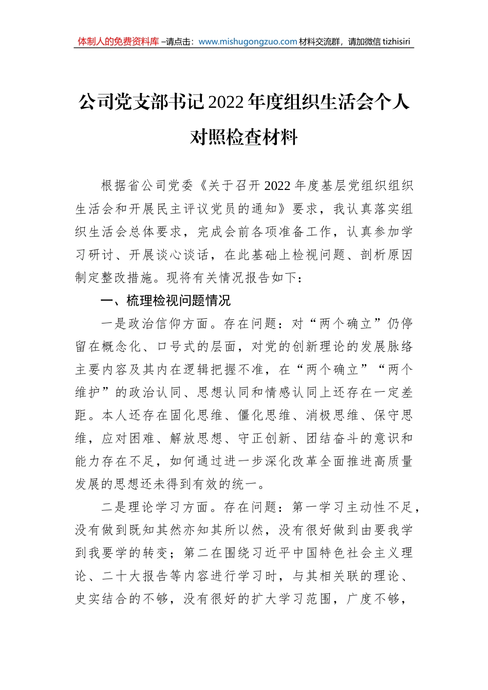 公司党支部书记2022年度组织生活会个人对照检查材料_第1页