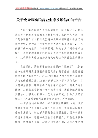 关于充分调动民营企业家发展信心的报告