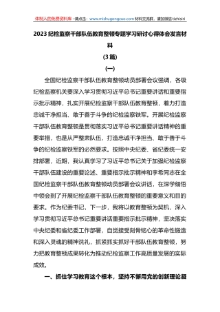 (3篇)2023纪检监察干部队伍教育整顿专题学习研讨心得体会发言材料