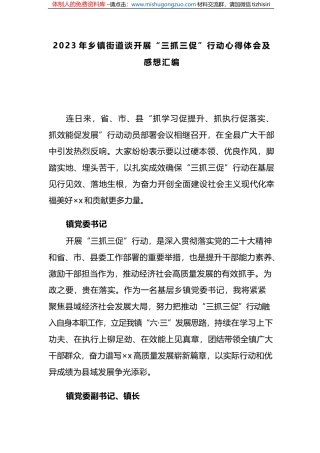2023年乡镇街道谈开展“三抓三促”行动心得体会及感想汇编