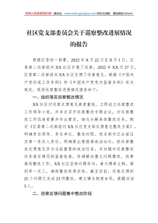 社区党支部委员会关于巡察整改进展情况的报告