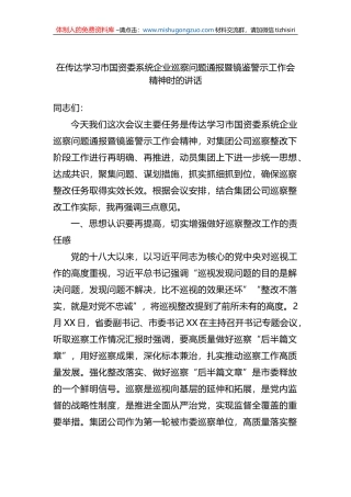 2023年在传达学习市国资委系统企业巡察问题通报暨镜鉴警示工作会精神时的讲话