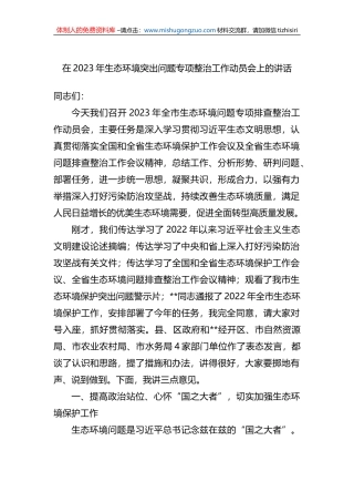 在2023年生态环境突出问题专项整治工作动员会上的讲话