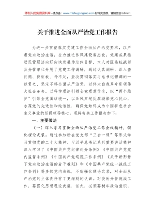 关于推进全面从严治党工作报告