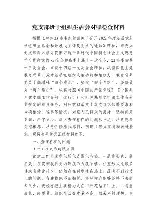2022年度党支部班子组织生活会对照检查材料