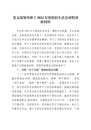 党支部领导班子2022年度组织生活会对照剖析材料
