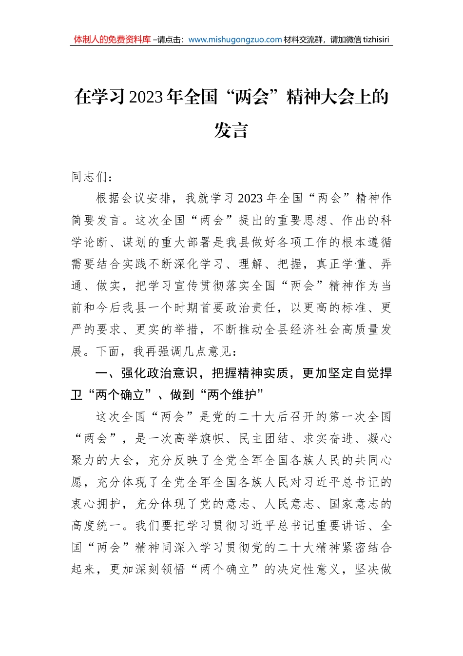 在学习2023年全国“两会”精神大会上的发言_第1页