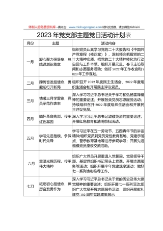 2023年党支部主题党日活动计划表