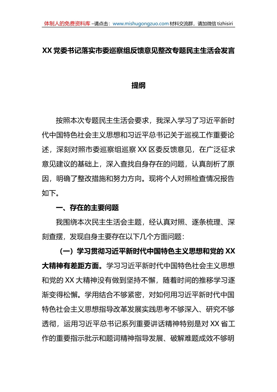 XX党委书记落实市委巡察组反馈意见整改专题民主生活会发言提纲_第1页