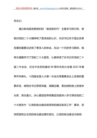 国企集团书记在研讨班上的交流发言