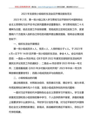 2023年支部党小组组织生活会召开情况报告汇报总结
