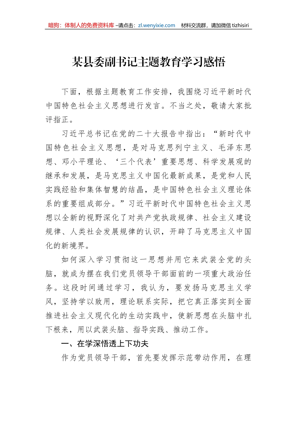 某县委副书记党内主题教育学习感悟_第1页