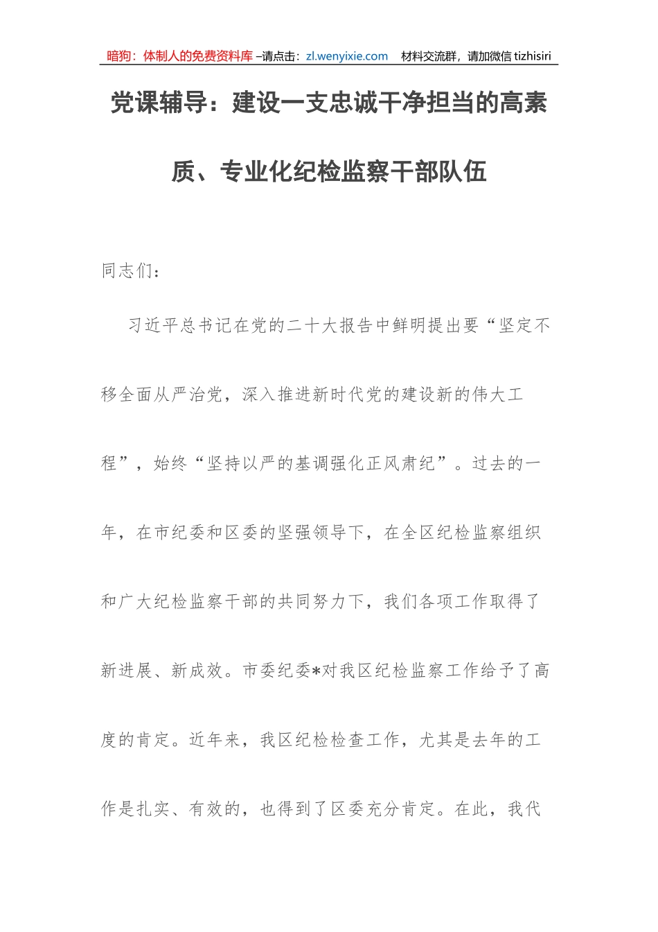 【党课讲稿】建设一支忠诚干净担当的高素质、专业化纪检监察干部队伍_第1页