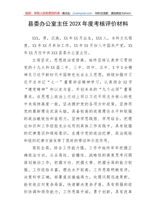 【组织党建】县委办公室主任202X年度考核评价材料