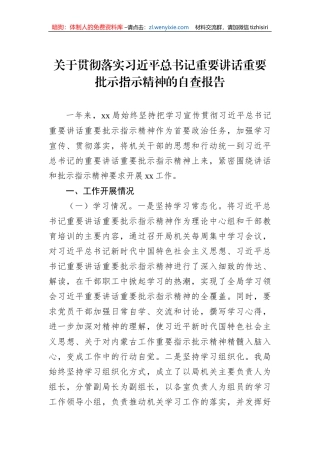 【自查报告】关于贯彻落实总书记重要讲话重要批示指示精神的自查报告