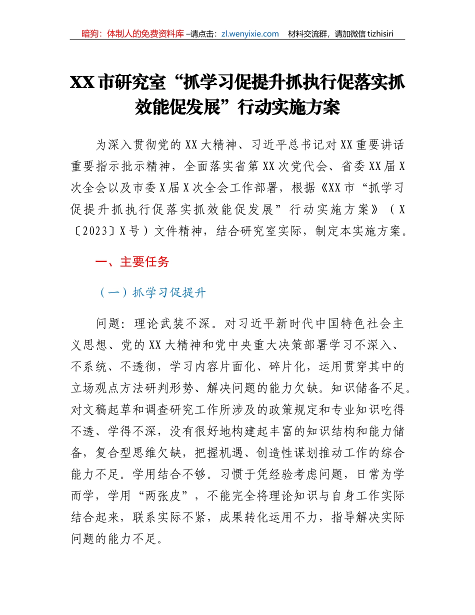 XX市研究室抓学习促提升抓执行促落实抓效能促发展行动实施方案_第1页