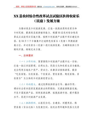 XX县农村综合性改革试点试验区扶持农家乐（民宿）发展方案