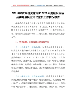 XX区财政局机关党支部2022年度组织生活会和开展民主评议党员工作情况报告