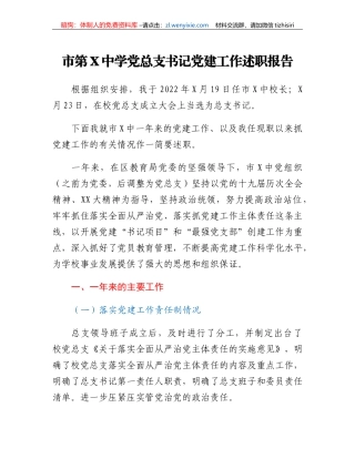 XX市第X中学党总支书记党建工作述职报告