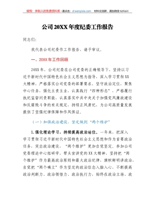 公司20XX年度纪委工作报告