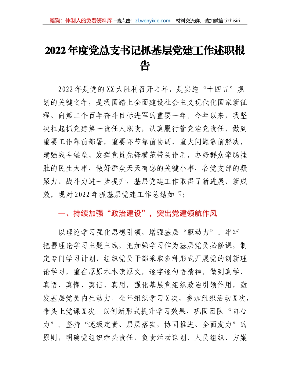 2022年度党总支书记抓基层党建工作述职报告_第1页