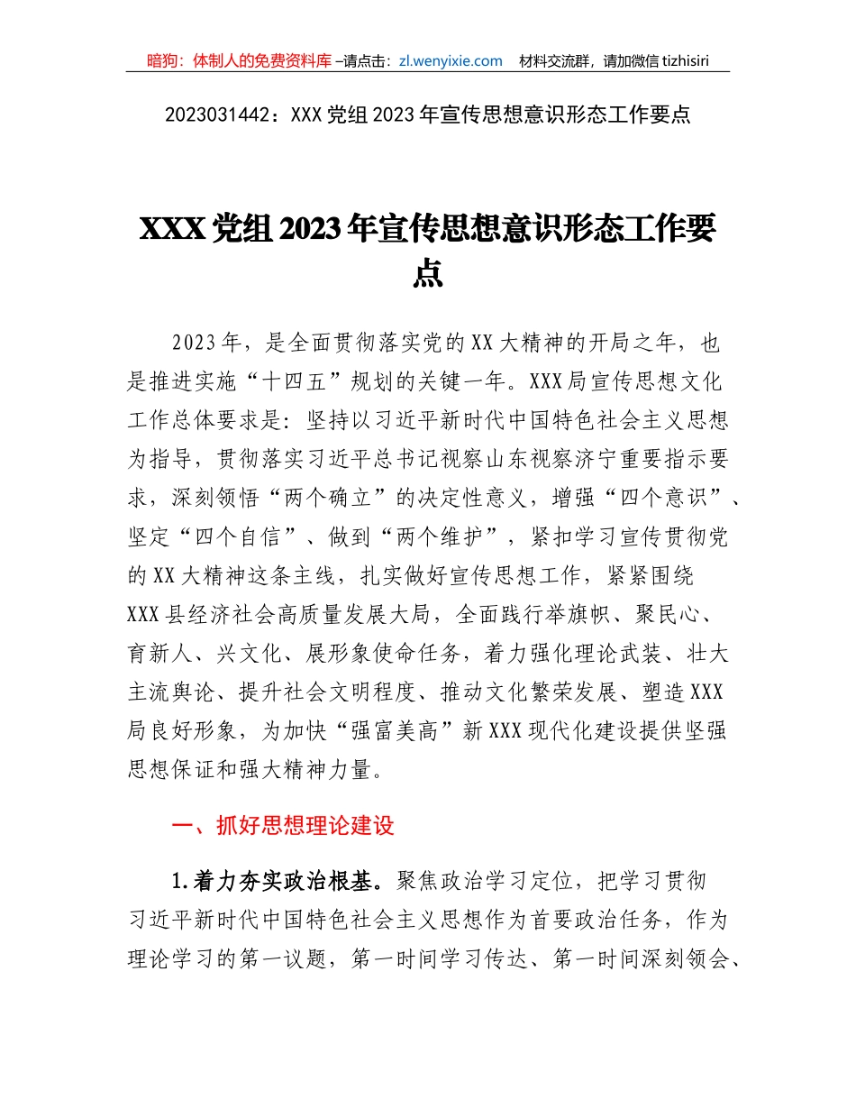 XXX党组2023年宣传思想意识形态工作要点_第1页