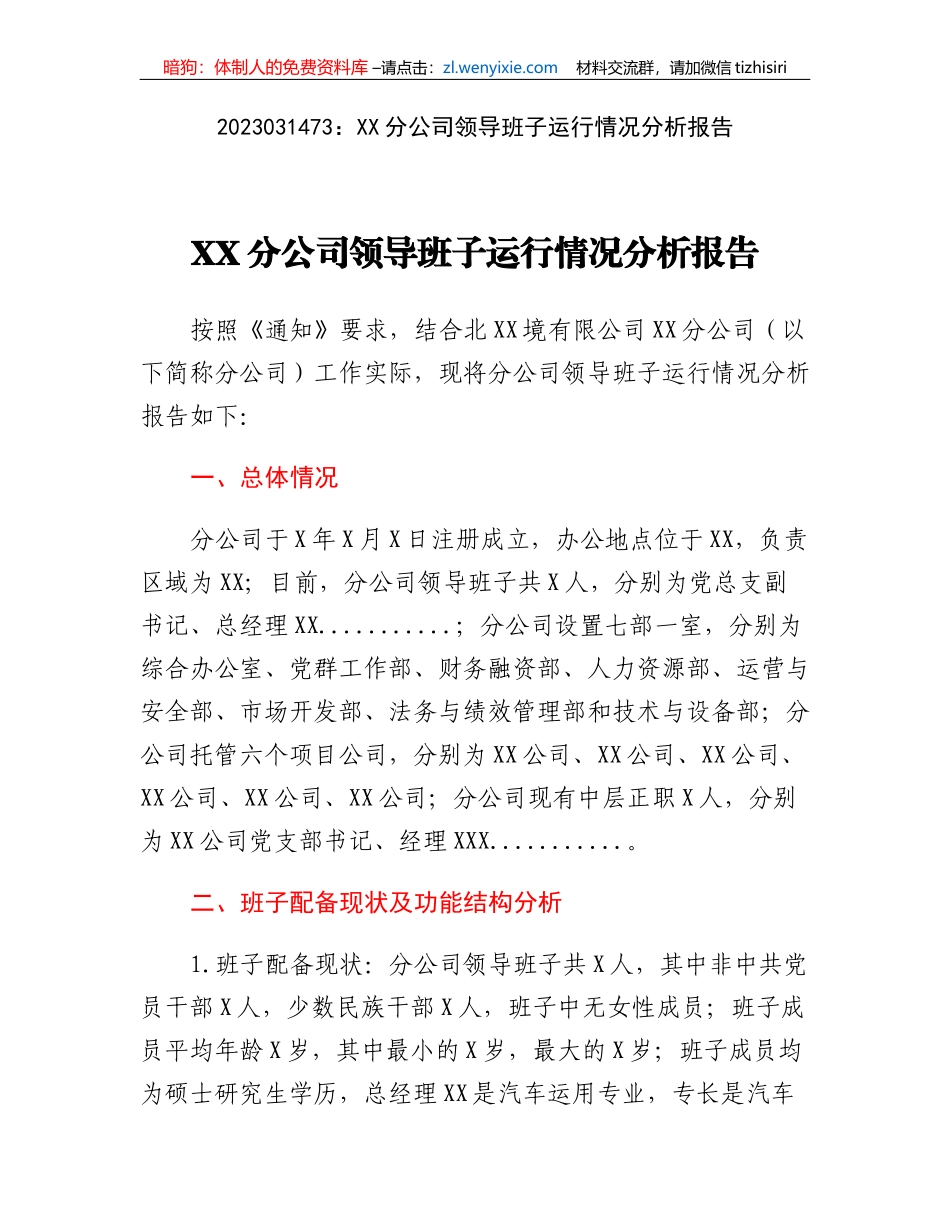 XX分公司领导班子运行情况分析报告_第1页