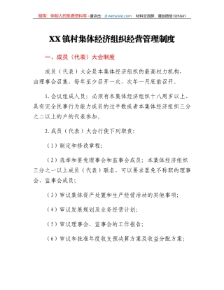 XX镇村集体经济组织经营管理制度