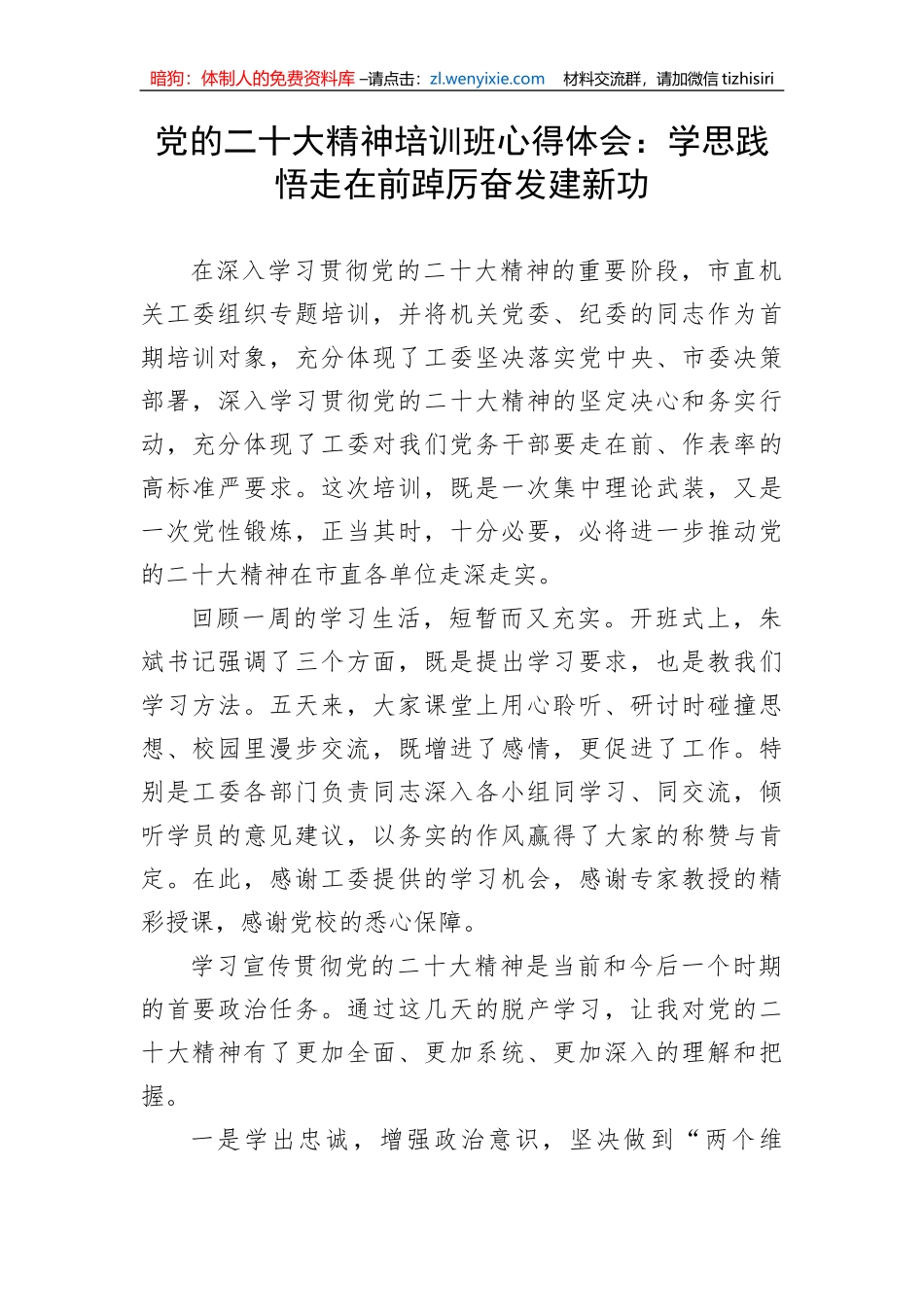 党的二十大精神培训班心得体会：学思践悟走在前踔厉奋发建新功_第1页