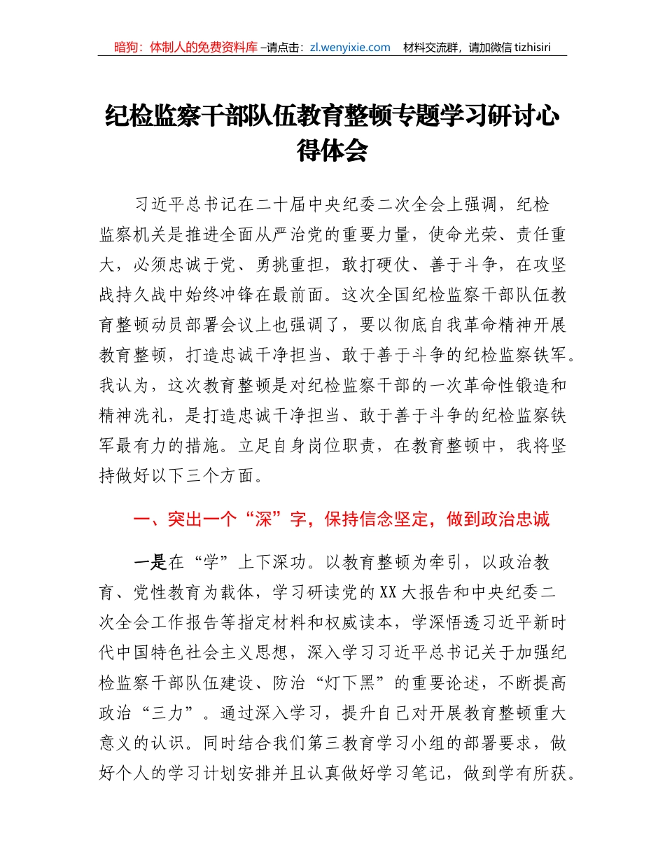 纪检监察干部队伍教育整顿专题学习研讨心得体会_第1页