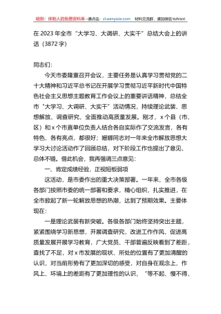 在2023年全市“大学习、大调研、大实干”总结大会上的讲话