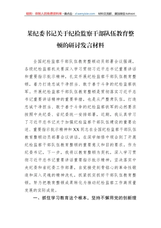 2023年某纪委书记关于纪检监察干部队伍教育整顿的研讨发言材料