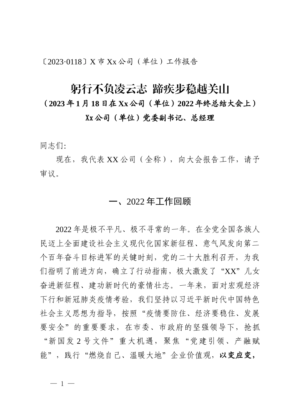 XX公司单位2023年工作总结报告_第1页