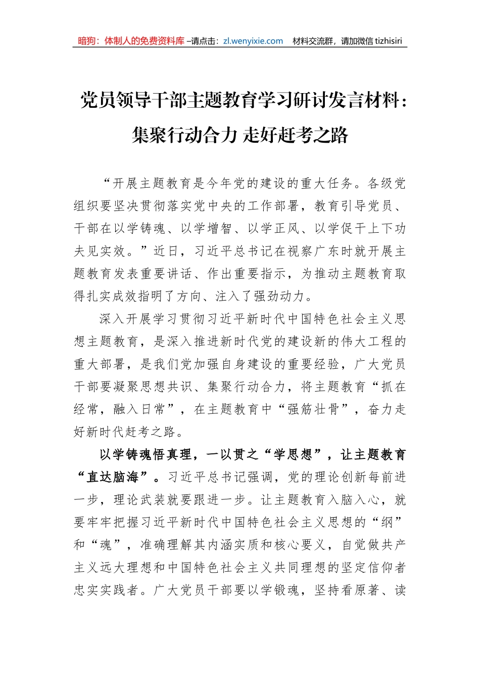 党员领导干部主题教育学习研讨发言材料：集聚行动合力+走好赶考之路_第1页
