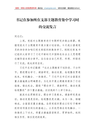 书记在参加所在支部主题教育集中学习时的交流发言