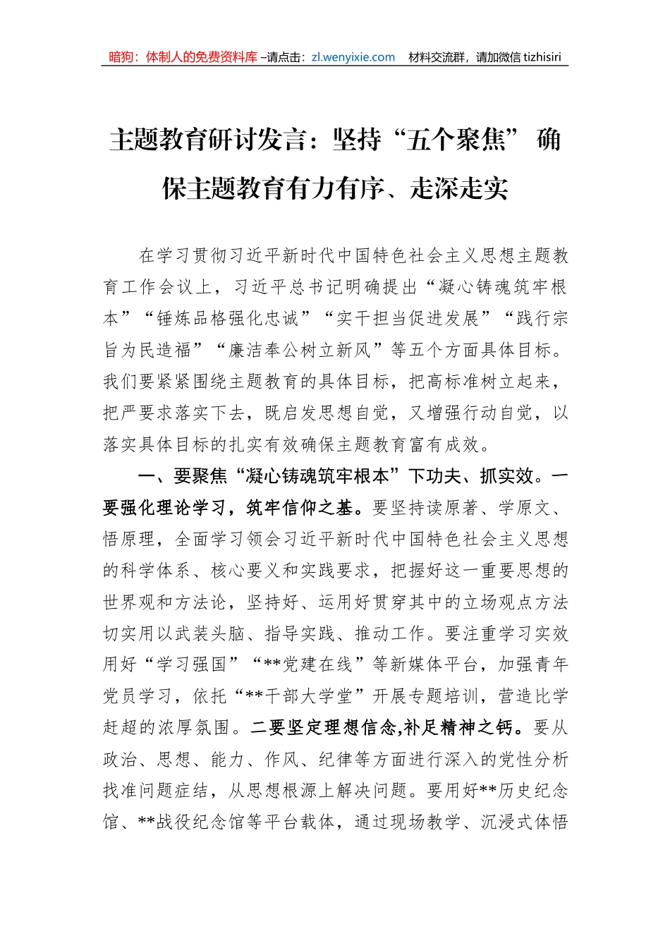 主题教育研讨发言：坚持“五个聚焦” 确保主题教育有力有序、走深走实_第1页