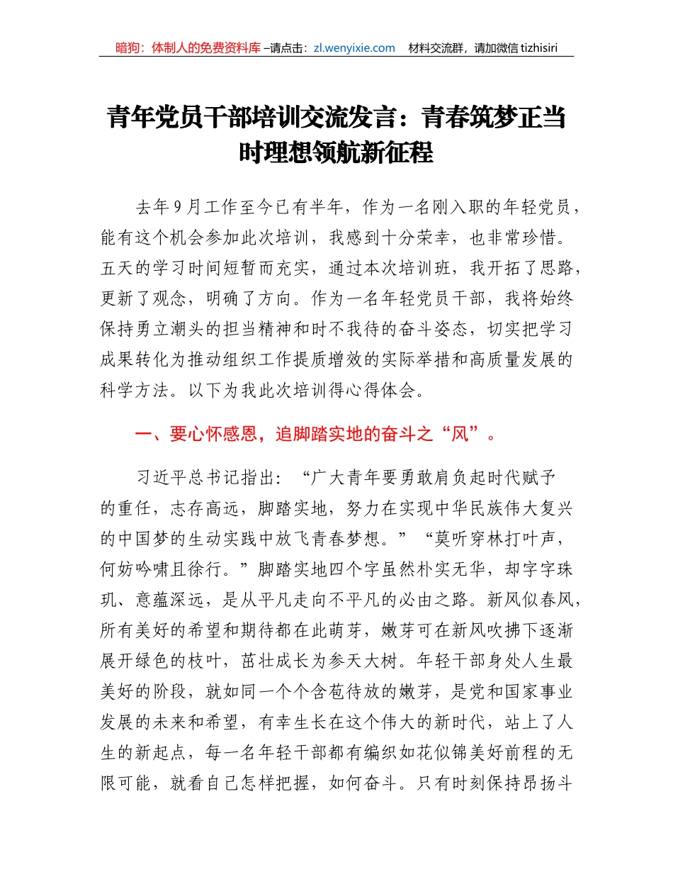 青年党员干部培训交流发言：青春筑梦正当时理想领航新征程_第1页