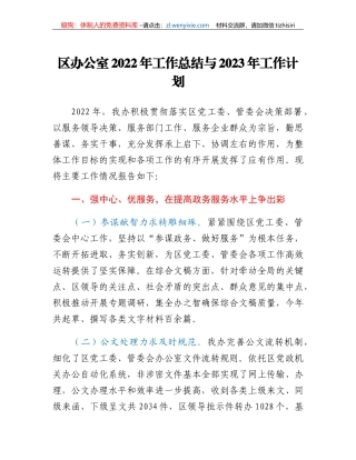区办公室2022年工作总结与2023年工作计划