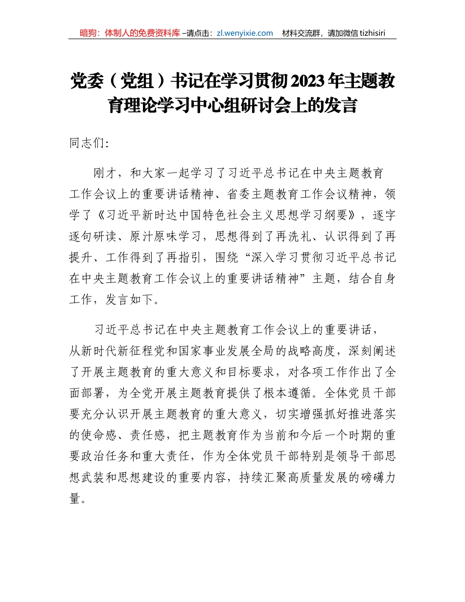 党委（党组）书记在学习贯彻2023年主题教育理论学习中心组研讨会上的发言_第1页