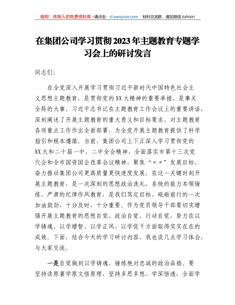 在集团公司学习贯彻2023年主题教育专题学习会上的研讨发言_第1页
